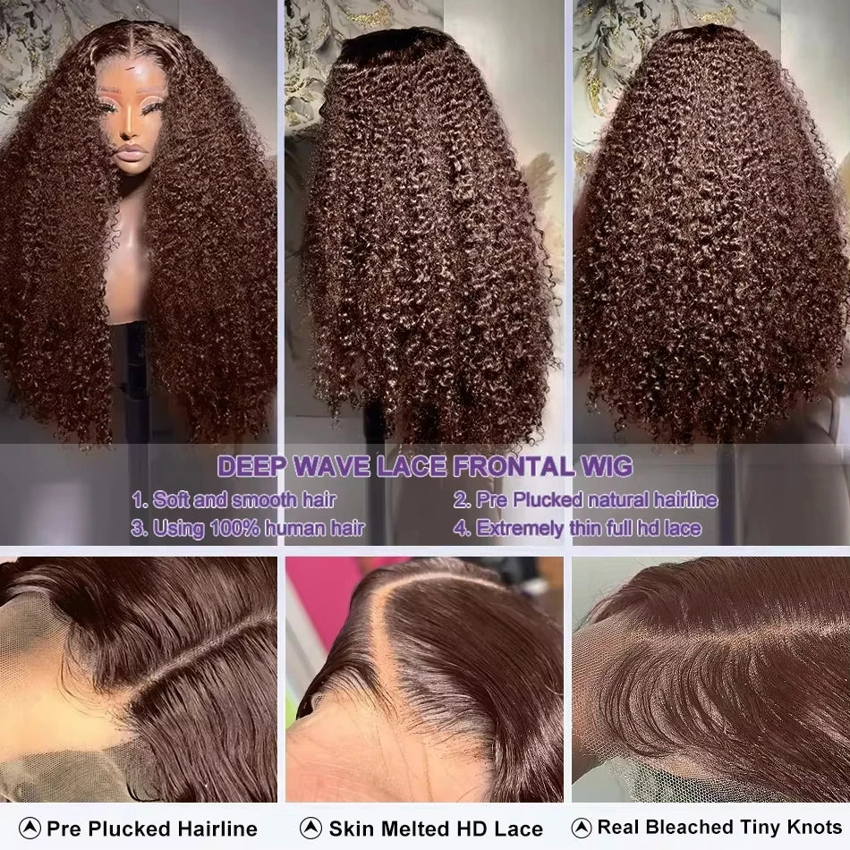 13X4 Chocolate Brown Curly Lace Front Wigs Colored 100% Human Hair Wigs Pre Plucked Deep Wave 13X6 Hd Lace Frontal Brazilian Wig