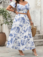 Elegant Plus Size Outfit Floral Print V-Neck Top with Short Sleeves and Elastic Waist Long Skirt - 2 Piece Set for Women