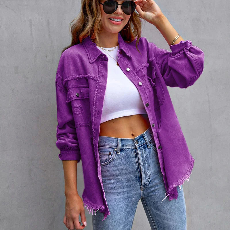 2025 Spring Autumn Shirt Style Denim Jacket Women Holes Raw-edges Jeancoat Casual Tops Female Oversize Loose Outerwear 7 Colors