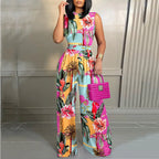 Elegant Women Wide Leg Long Juumpsuit 2024 Spring Summer Fashion Printed Sleeveless Casual Holiday Bodysuits Jumpsuits Trousers