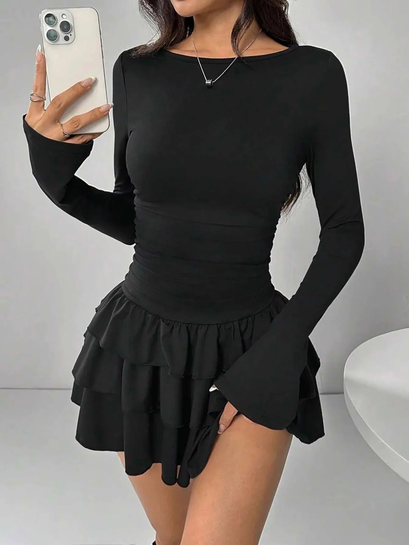 2025 Autumn Solid Slim Fit Cascading Ruffles Mini Dress Winter Women Elegant Flare Sleeve High Waist Sexy Party Bodycon Dresses