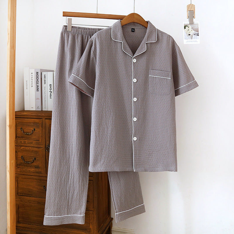 2025 New Japanese Spring/Summer Couple Pajama Set 100% Cotton Crepe Short Sleeve and Long Pants Two Piece Home Suit Thin Style