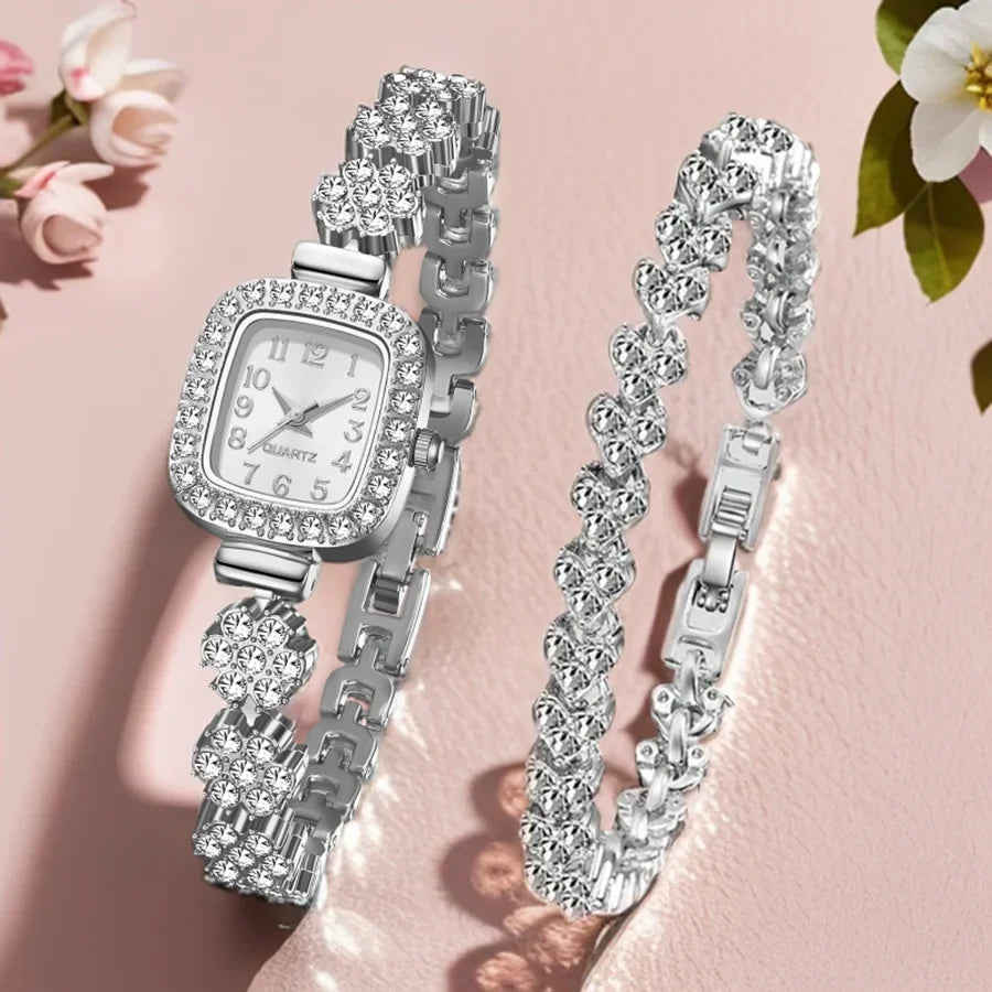 2PCS Silver Women's Watch Set Fashionable Luxury Trendy Digital Scale Rectangular Dial Quartz Watch Bracelet Set Perfect Gift