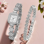 2PCS Silver Women's Watch Set Fashionable Luxury Trendy Digital Scale Rectangular Dial Quartz Watch Bracelet Set Perfect Gift