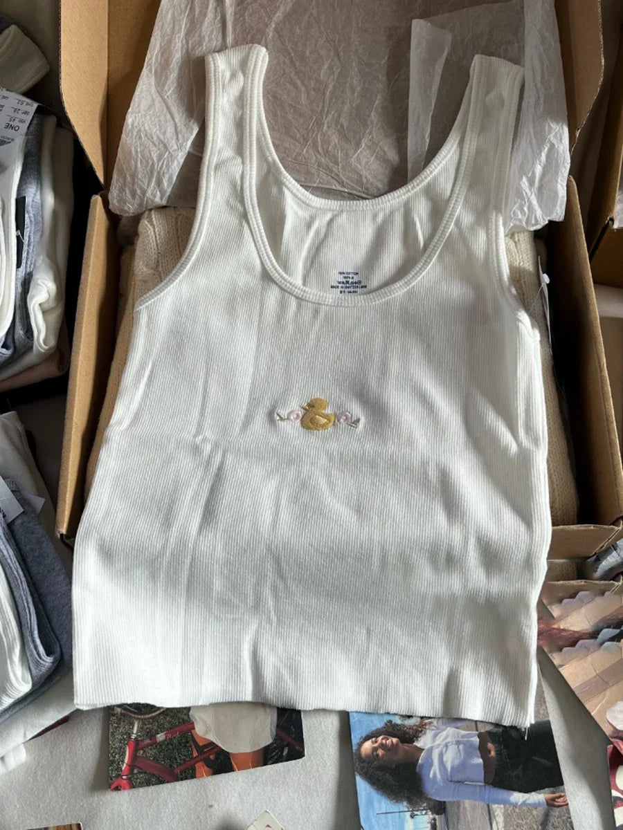 Cute Animal Embroidery Tank Tops Women Summer Lace Trim Cotton Sleeveless Camisole Vests Solid Vintage Sweet Slim Crop Top Y2k