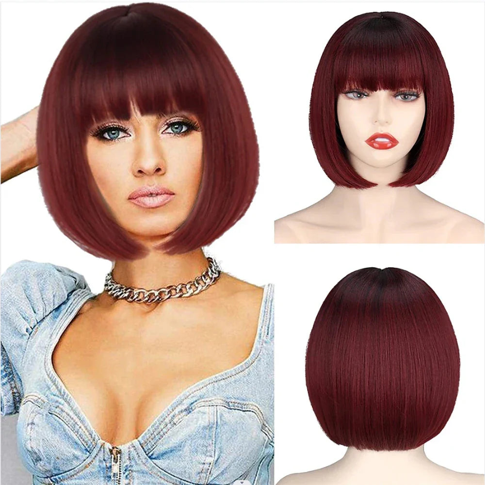 HAIRJOY Women Short  Straight  White Bob Wig with Bangs  Synthetic Hair for Daily Party Cosplay Halloween