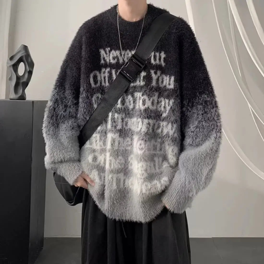 Gradient Letters Retro Sweater Men's Autumn Winter Loose Fashion Brand Handsome Clothes American Trendy Lazy Style Knitted