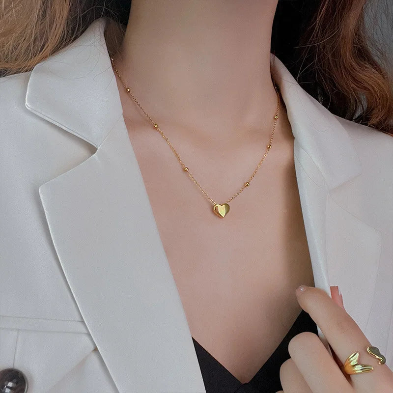 Elegant 3D Heart Pendant Bead Chain Necklace Waterproof Stainless Steel Gold-Plated Fashion Jewelry Birthday Engagement Gifts