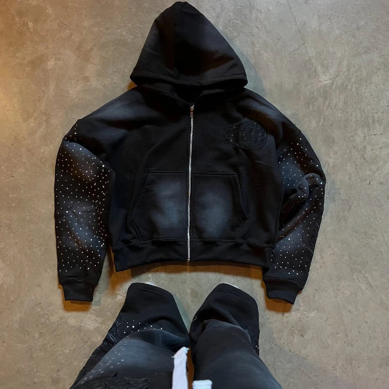 Autumn and winter European loose rhinestone decal retro zipper hoodie y2k Harajuku casual solid color sports design street hoodi