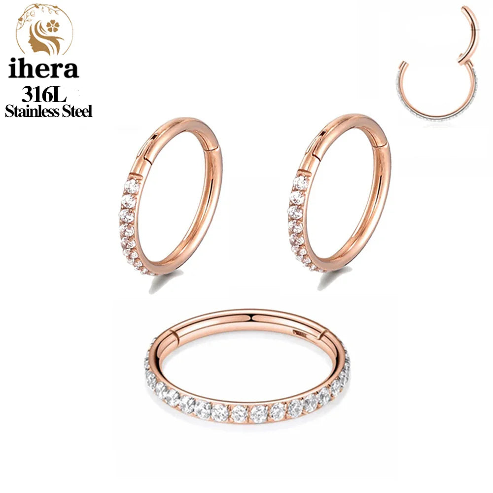 316L Stainless Steel Zircon CZ Hinged Segment Nose Septum Clicker Ring Round Earrings Hoops Ear Tragus Helix Piercing Jewelry