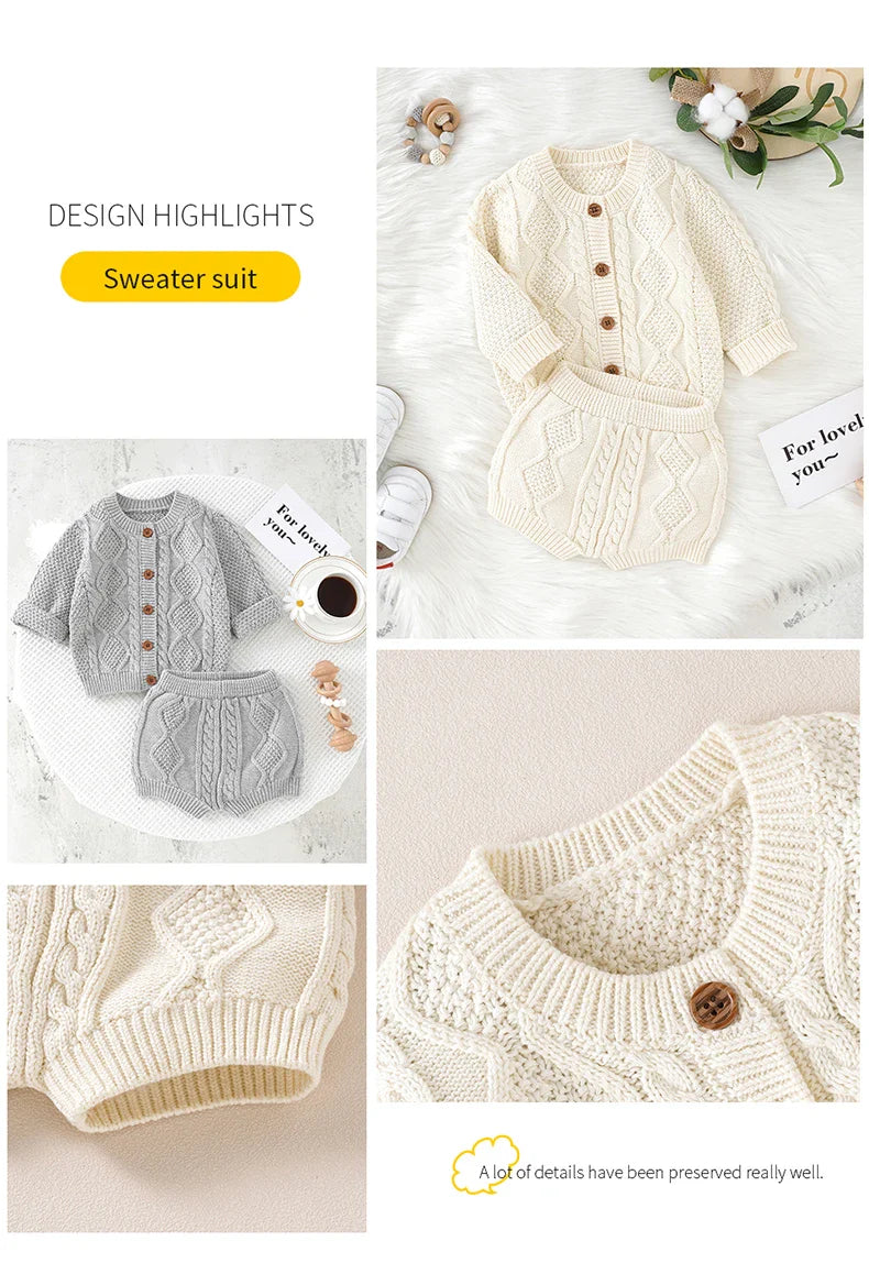Baby Clothes Sets Cotton Knitted Newborn Boys Girl Sweater Long Sleeve +Pants Autumn Infant Children Cardigan +Shorts 0-18M 2PCS
