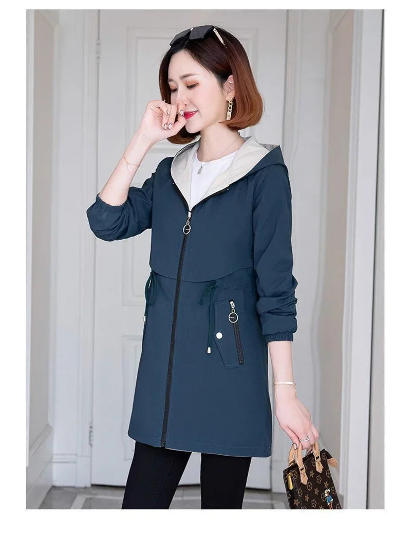 Double-Sided Trench Coat Women 2023New Fashion Spring Autumn Clothes Hooded Mid-Length Windbreakers Female Outerwear Casual Tops