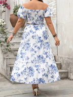 Elegant Plus Size Outfit Floral Print V-Neck Top with Short Sleeves and Elastic Waist Long Skirt - 2 Piece Set for Women