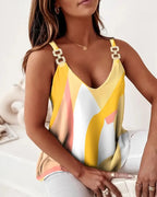Deep V Geometric Printed Tank Top Women's Chain Strap Sleeveless T-shirt Summer Trendy Vest Top