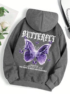 Beautiful Purple Butterfly Printing Hoodies Women Fleece Pocket Hoody Simple Casual Hoodie Autumn Loose Female Streetwear