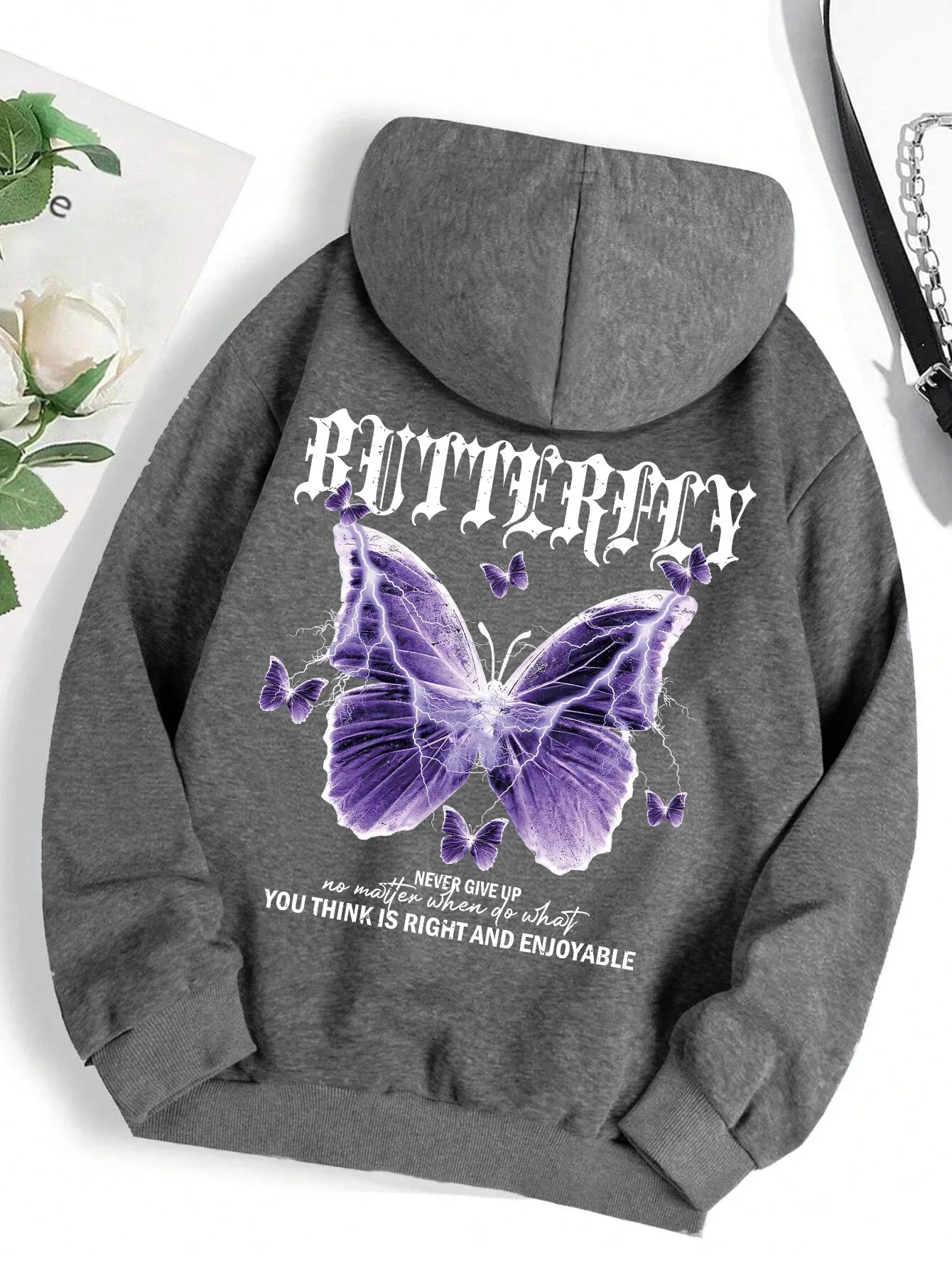Beautiful Purple Butterfly Printing Hoodies Women Fleece Pocket Hoody Simple Casual Hoodie Autumn Loose Female Streetwear