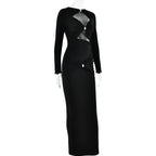 Articat Sexy Hollow Out Long Sleeved Elastic Tight Dress Women Pleats Double Layered Female Vestidos Elegant Party Evening Dress