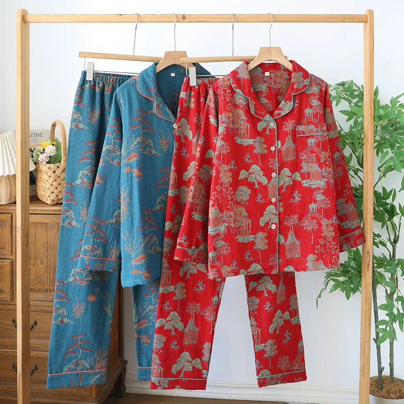 2025 New Spring and Autumn Women's Pajama Set 100% Cotton Retro Color Woven Home Clothes Long Sleeve Long Pants Two Piece Set