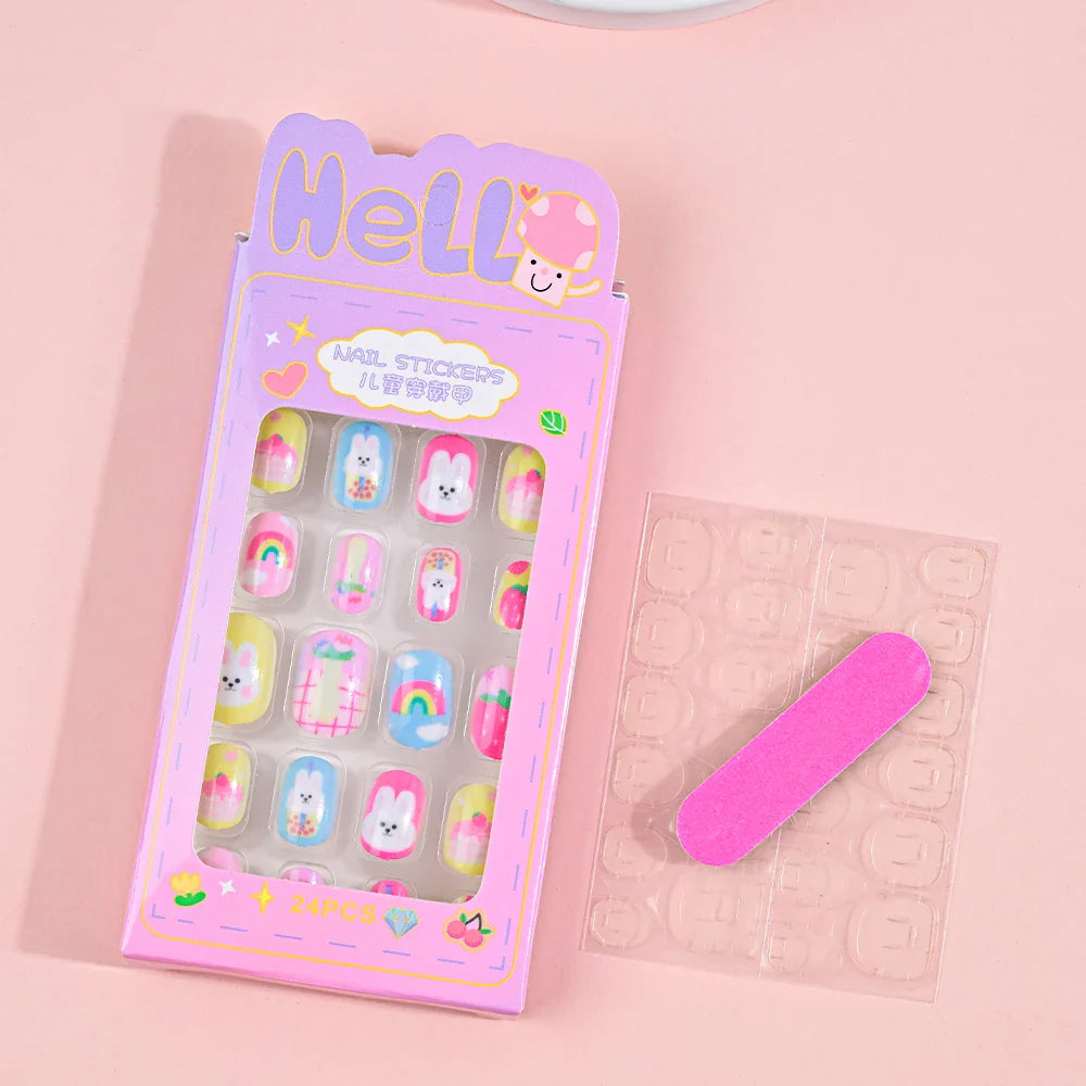 24Pcs Children Cartoon Nail Tips Colorful Cute Rabbit Pink Stars 6-14 Years old Girl Fake Nail With Jelly Glue Kids False Nail