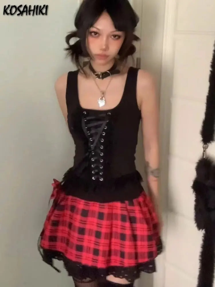 2025 Streetwear Lace Patchwork Tank Tops Women Y2k Aesthetic Halter Crop Top Sweet Bandage Off Shoulder Cross Drawstring Tanks