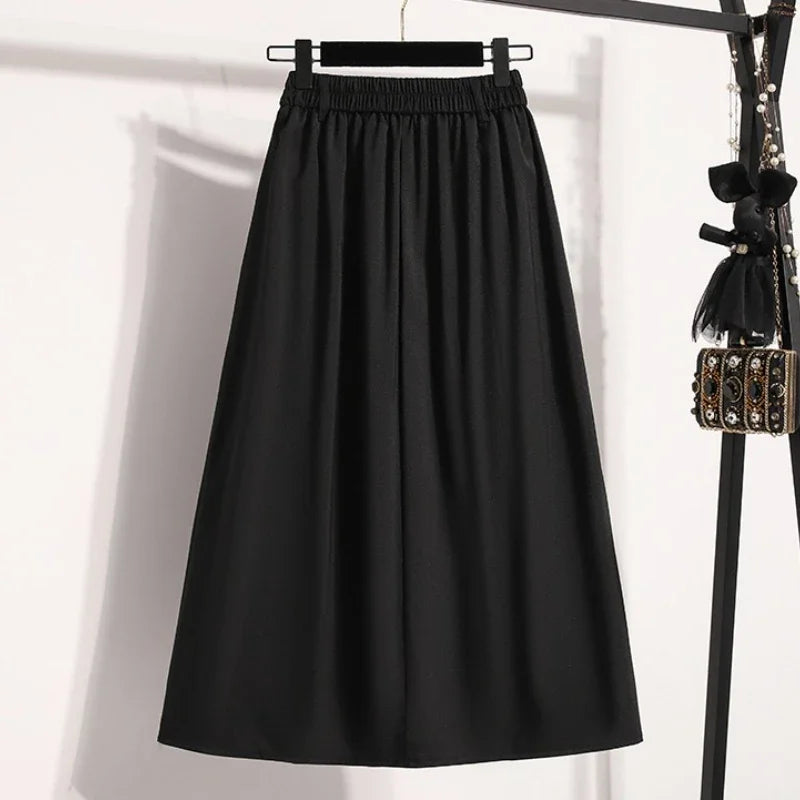 2025 Solid Color Versatile Medium Length Skirt Pleated Plus Size A-Line Maxi Gown Cover Hip Spring Summer New Half-length Skirt