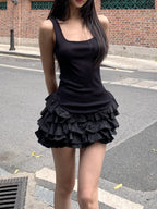 Chic Y2K Sleeveless Mini Dress For Woman Summer Black Dresses Sexy Clubwear Party Slim fit Ruffle Pleated Short Dress