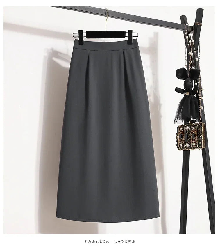 2025 Summer Female Fashionable Versatile Solid Skirts High Waisted Mid Length A-line Plus Size Skirt Split Wrap Body Skirt