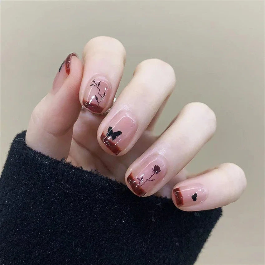 24PCS/SET Cold Black Chess Board Wearing Fake Nails Finished Product Long Full Coverage Acrylic Removable Press on Nails Art Tip