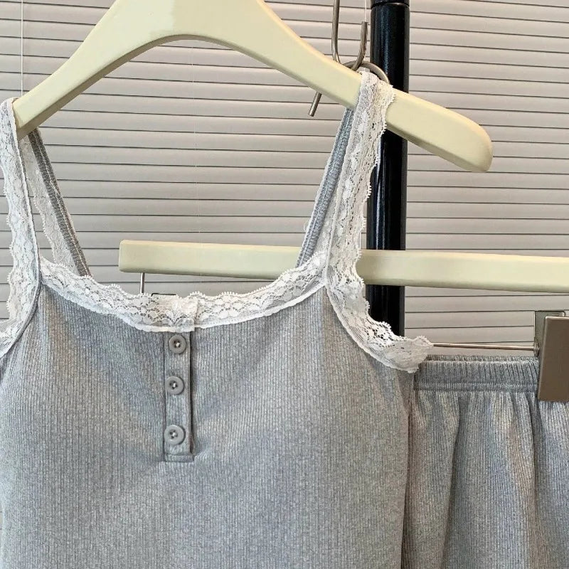 Casual Women Pajamas Summer Sleepwear Spaghetti Strap Shorts Sets 2 Pieces Night Wears O-neck Korean Sleeping Solid Home Suit