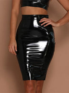 CHSDCSI Black Sexy women's Leather Skirts Streetwear Club Solid clothes Shiny High Waist pencil Skirt Lady Red Lady Skinny Skirt