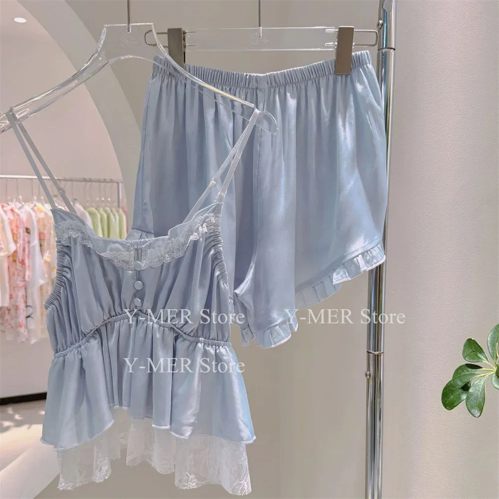 Blue Pajamas Set Elegant Home Clothes Ice Silk Sleepwear Women Loose Trousers Suit Four Seasons Loungewear Sexy Lace Nightgown