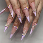 24Pc Long Stiletto Press on Nails Cherry Pink French False Nails with 3D Bow Pearls Design Detachable Acrylic Fake Nail Art Tips