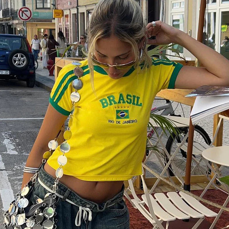 BRASIL Letter Graphics Print Goth Y2k Yellow Skinny Cropped Tees Women Sexy Streetwear 2000s Harajuku New Woman Clothing T-Shirt