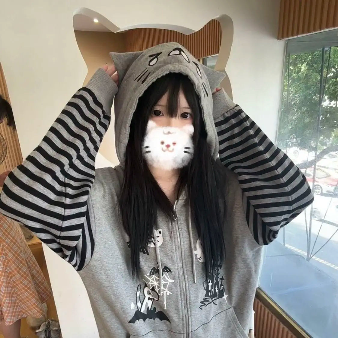 Cat Ear Hooded Sweatshirts Jackets Women Clothing Y2k Tops Patchwork Striped Anime Hoodie Ropa Mujer Casual Fashion Hoodies Coat