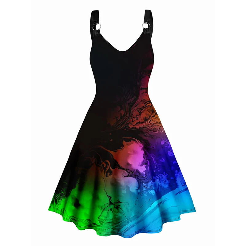 Dressfo Women's Summer Dresses Halloween Rose Injured Skull Print Hem V Neck Dress O Ring Straps Sleeveless A Line Tank Dress