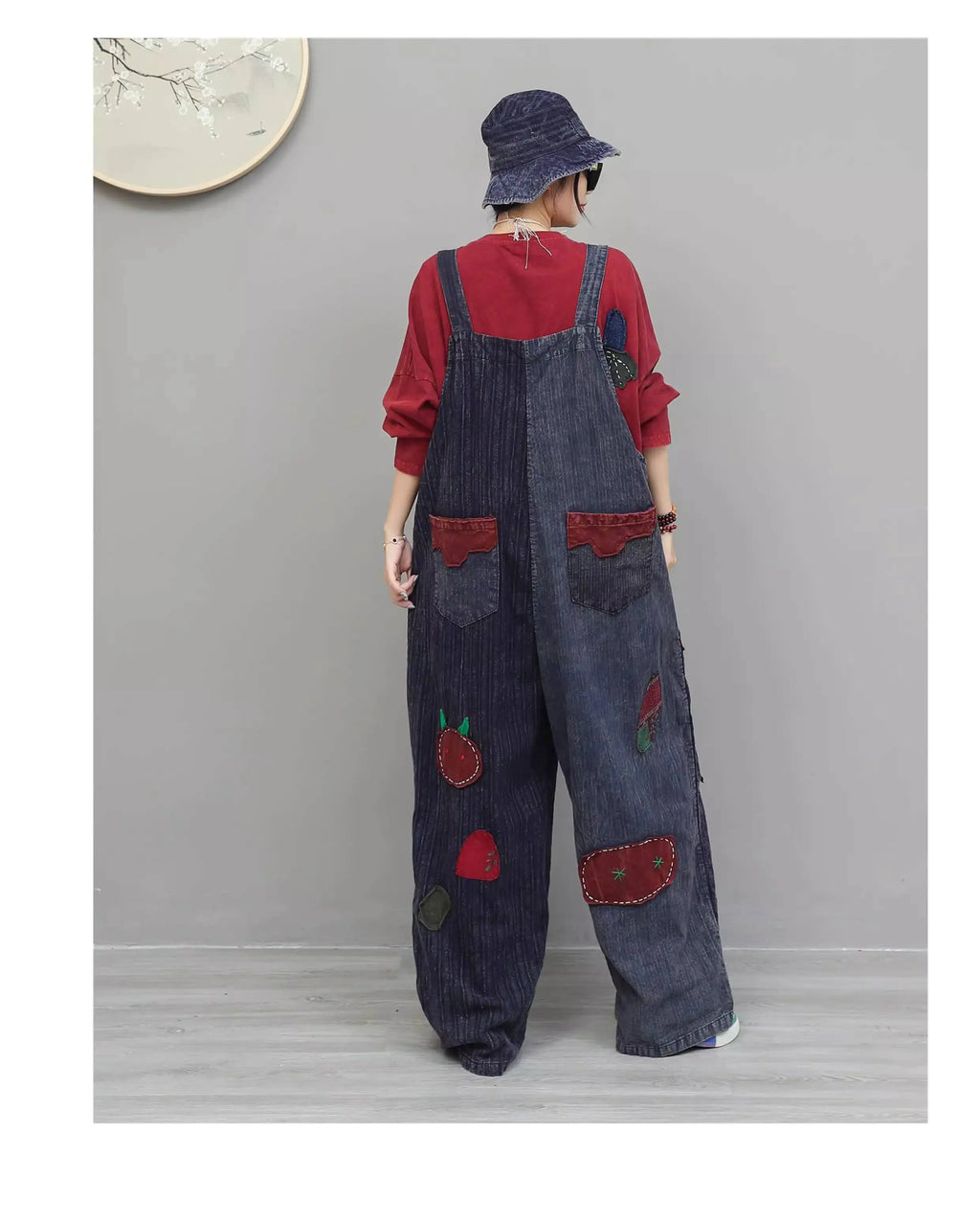 Hand Embroidery Old Cloth Patchwork Wide Leg Strap Long Pants Women Autumn Loose High Waist Jumpsuit LX4343