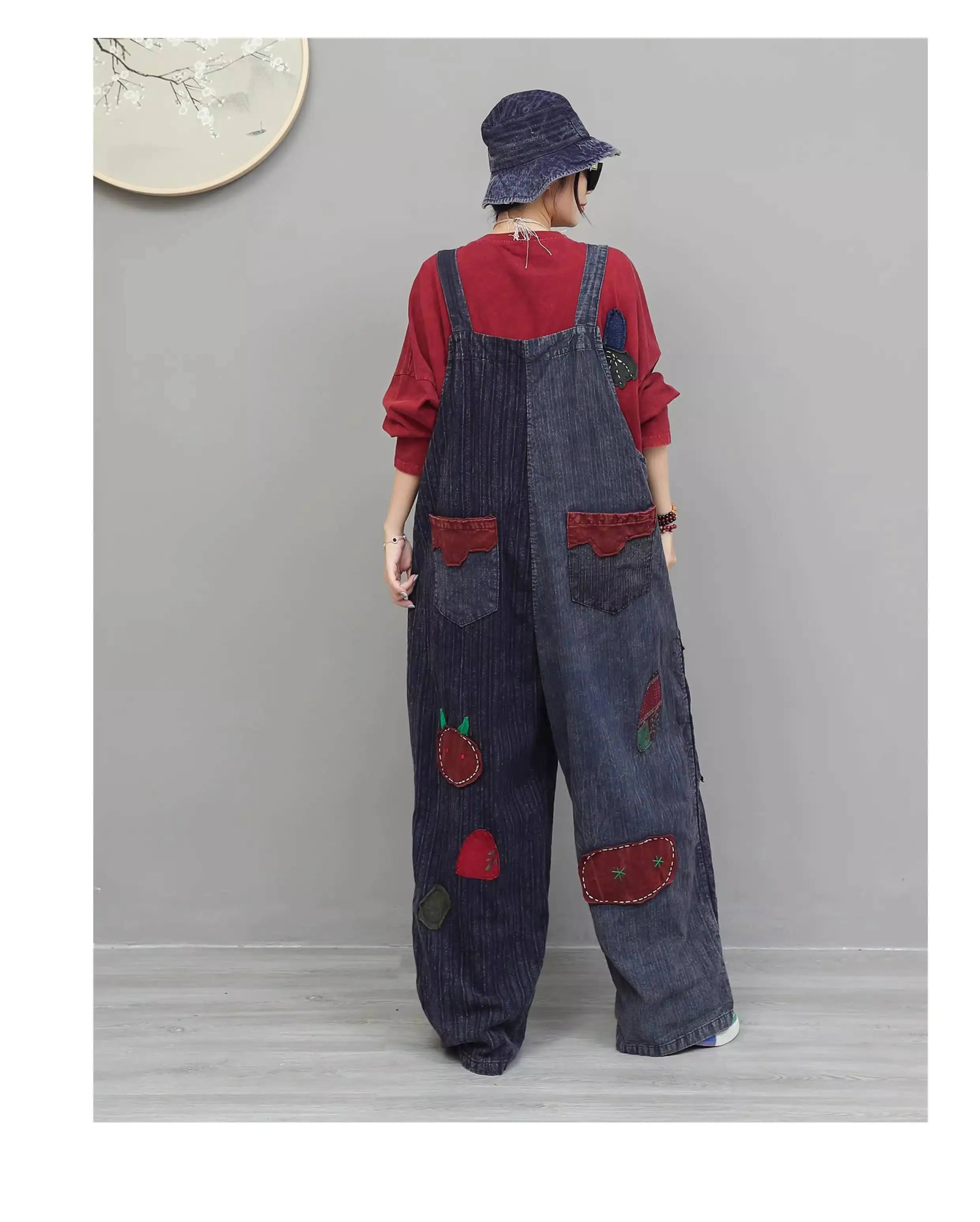 Hand Embroidery Old Cloth Patchwork Wide Leg Strap Long Pants Women Autumn Loose High Waist Jumpsuit LX4343