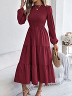 Autumn Winter Elegant Dresses for Woman Solid Color Round Neck Long Sleeve Ruffled Dresses Khaki Green Red