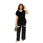 Elegant Women's Casual Short Sleeve T-shirt Sports Suit Summer Fashion Solid V Neck Short Top & Straight Pants Two Piece Sets