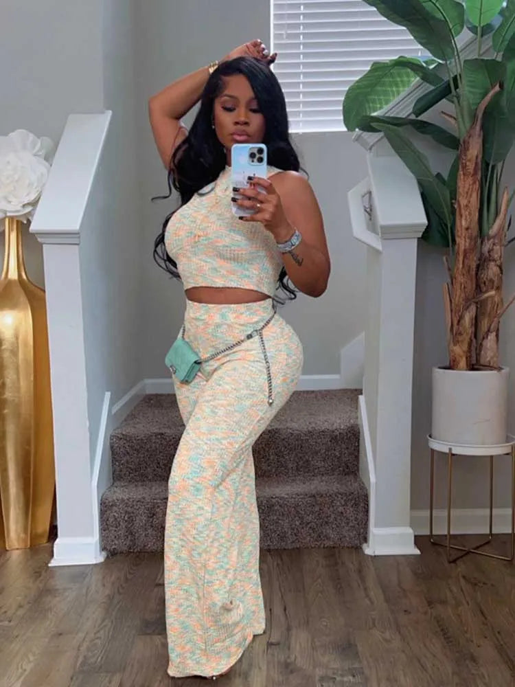 2 Piece Sets Womens Outfits Elegant Stretchy Knitted Summer Suit Sexy Sleeveless Top and Pant Suit Wholesale Dropshipping