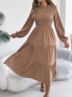 Autumn Winter Elegant Dresses for Woman Solid Color Round Neck Long Sleeve Ruffled Dresses Khaki Green Red