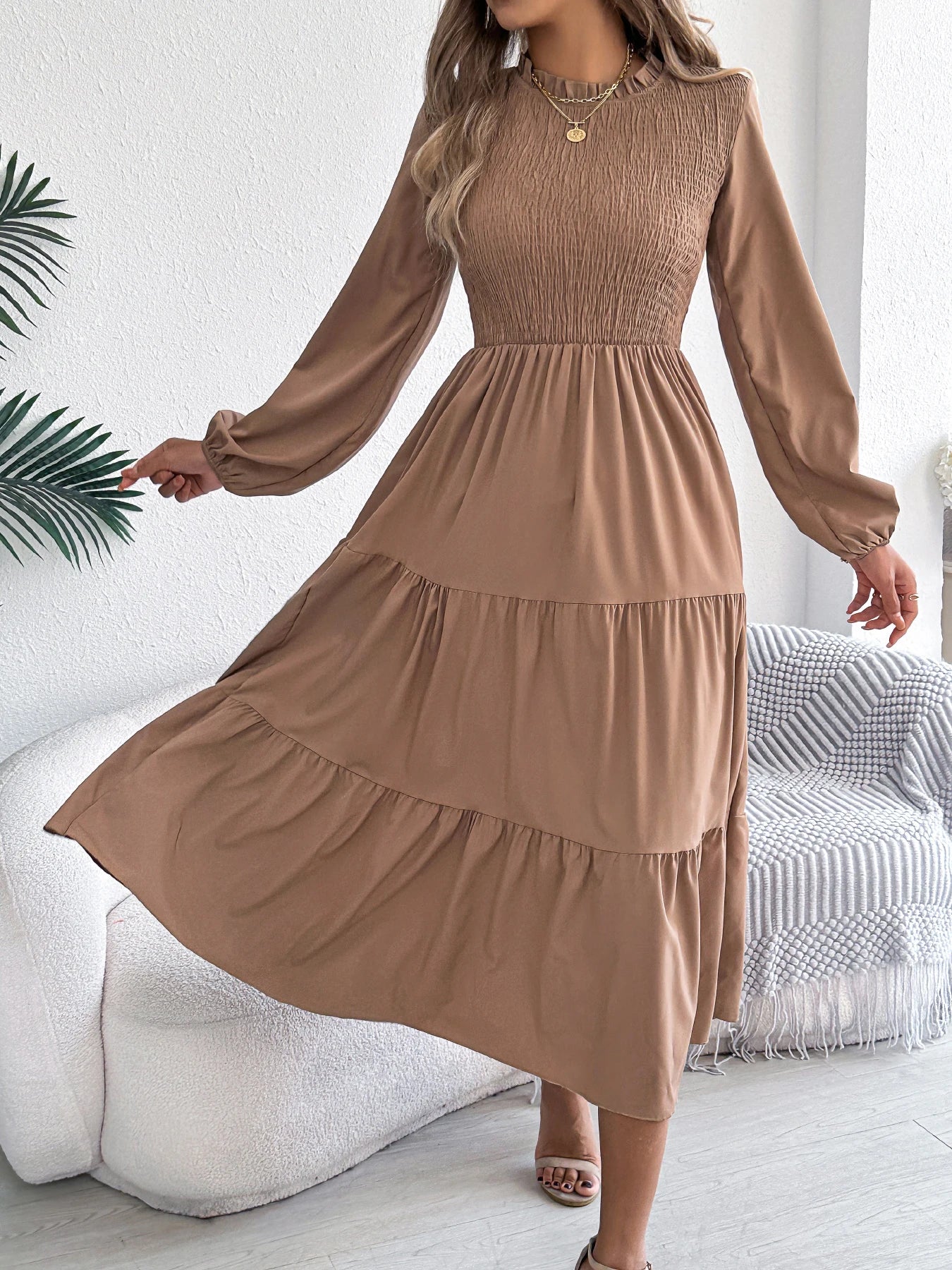 Autumn Winter Elegant Dresses for Woman Solid Color Round Neck Long Sleeve Ruffled Dresses Khaki Green Red