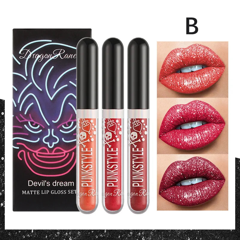 3pcs Glitter Lipstick Set Waterproof Sexy Blue Purple Black Lip Gloss Shiny Lip Tint Halloween Lip Makeup Tool Korean Cosmetics