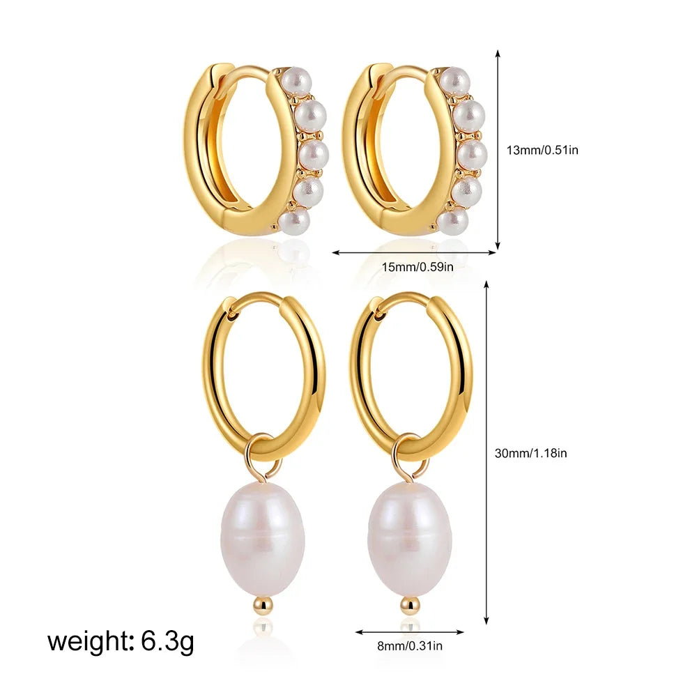 2 Pair/Set Fashion Stainless Steel Imitation Pearls Dangle Hoop Earrings for Women Dainty 18k Gold Plated Hoops Vintage Jewelry