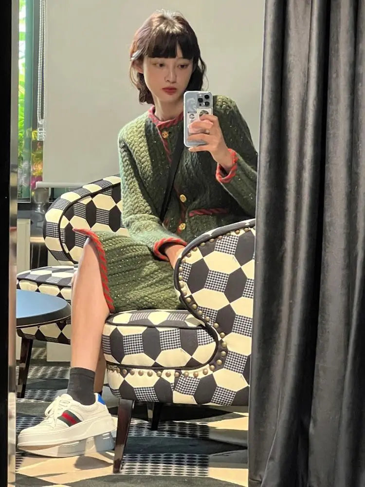 Autumn Winter Womens Two Peice Sets Vintage Knitted Cardigan Full  Elastic Waist  Knee-Length Skirt 2 Piece Set Luxury