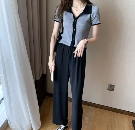 Elegant V-Knit Polo Neck Tee - Grey Short Sleeve Women's Top, Trendy & Unique Style