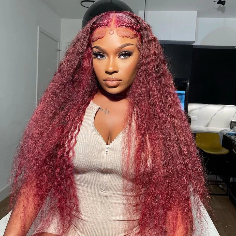 Burgundy Curly 13x6 Hd Lace Frontal Wig Human Hair 100% Brazilian 13x4 Water Deep Wave 99J Red Colored Wig For Women 30 36 Inch