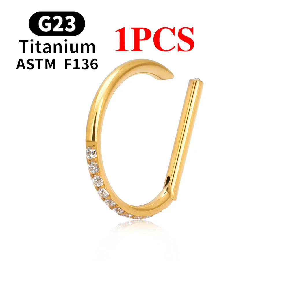 1/10PCS F136 G23 Titanium Piercing Nose Ring D Shape Hinged Segment CZ 16G Clicke Cartilage Tragus Helix Earrings Body Jewelry