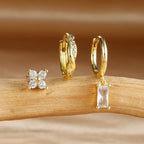 3PCS Fashion Stainless Steel Circle Hoop Earrings Set for Women 18K Gold Plated Zircon Pendant Square Earring Piercing Jewelry