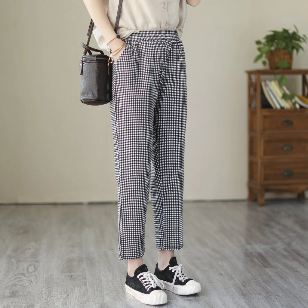 1pcs Spring Summer Women Cotton Comfort Breathable Pants Female Grid Flower Print Casual Loose Pant Lady Haren Straight Leg Pant